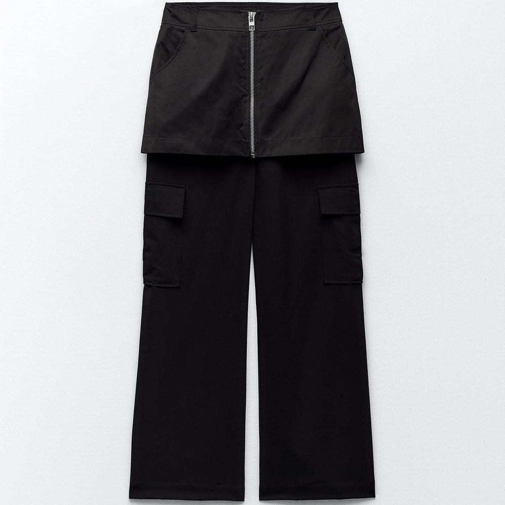 NWT Zara Black Mini Skirt Over Cargo Pants Front Zipper Y2K Goth Edgy Womens XS